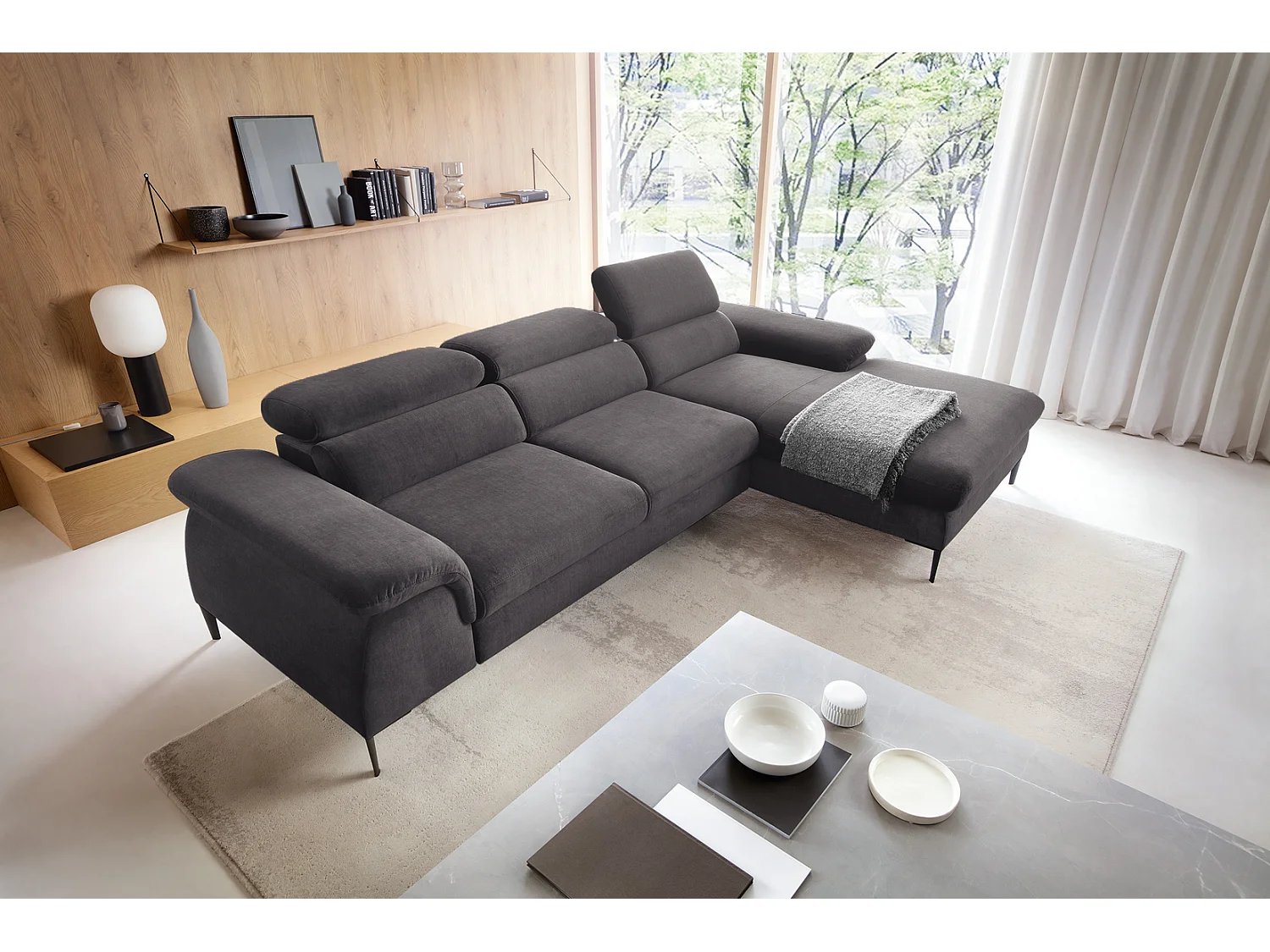 Canapé d'angle convertible 290 cm Amaro M, têtières réglables, coffre de rangement, droite, Gris