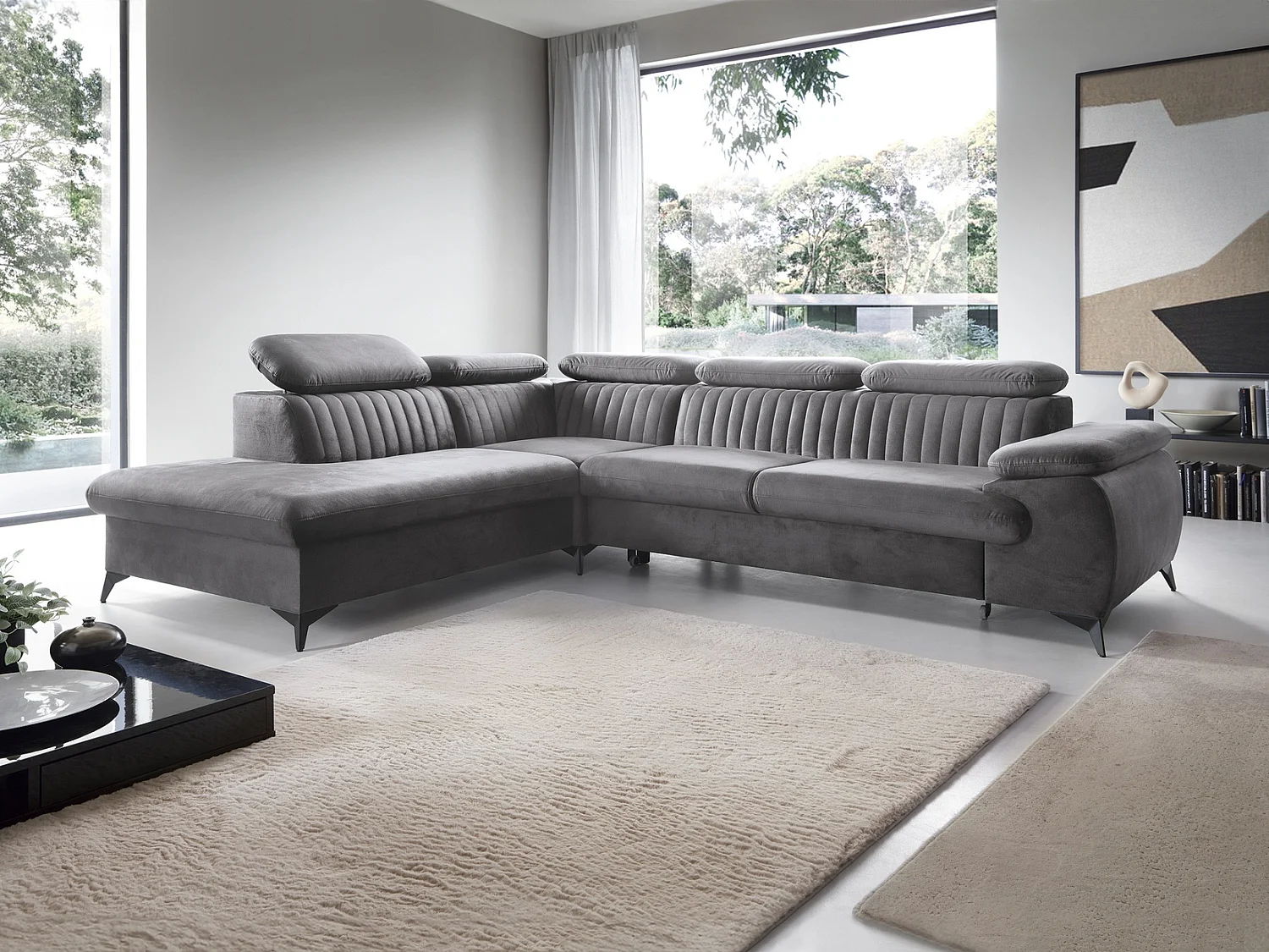 Canapé d'angle convertible Xanto L, 275x221 cm, têtières réglables, coffre de rangement, gauche, Gris foncé