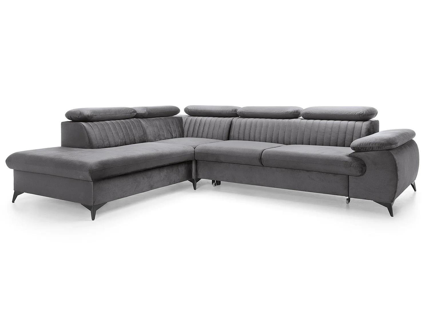 Canapé d'angle convertible Xanto L, 275x221 cm, têtières réglables, coffre de rangement, gauche, Gris foncé