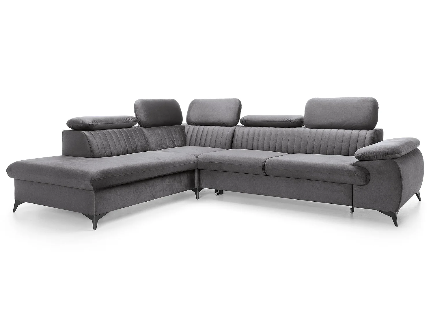 Canapé d'angle convertible Xanto L, 275x221 cm, têtières réglables, coffre de rangement, gauche, Gris foncé