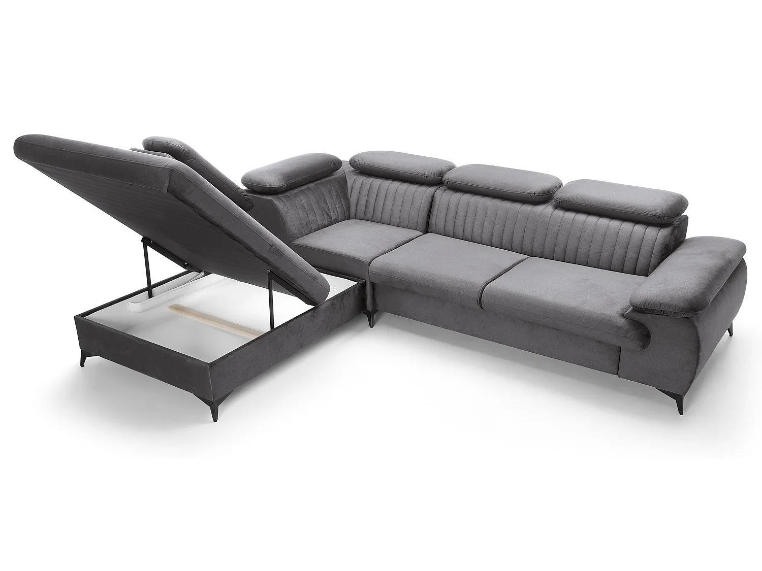 Canapé d'angle convertible Xanto L, 275x221 cm, têtières réglables, coffre de rangement, gauche, Gris foncé