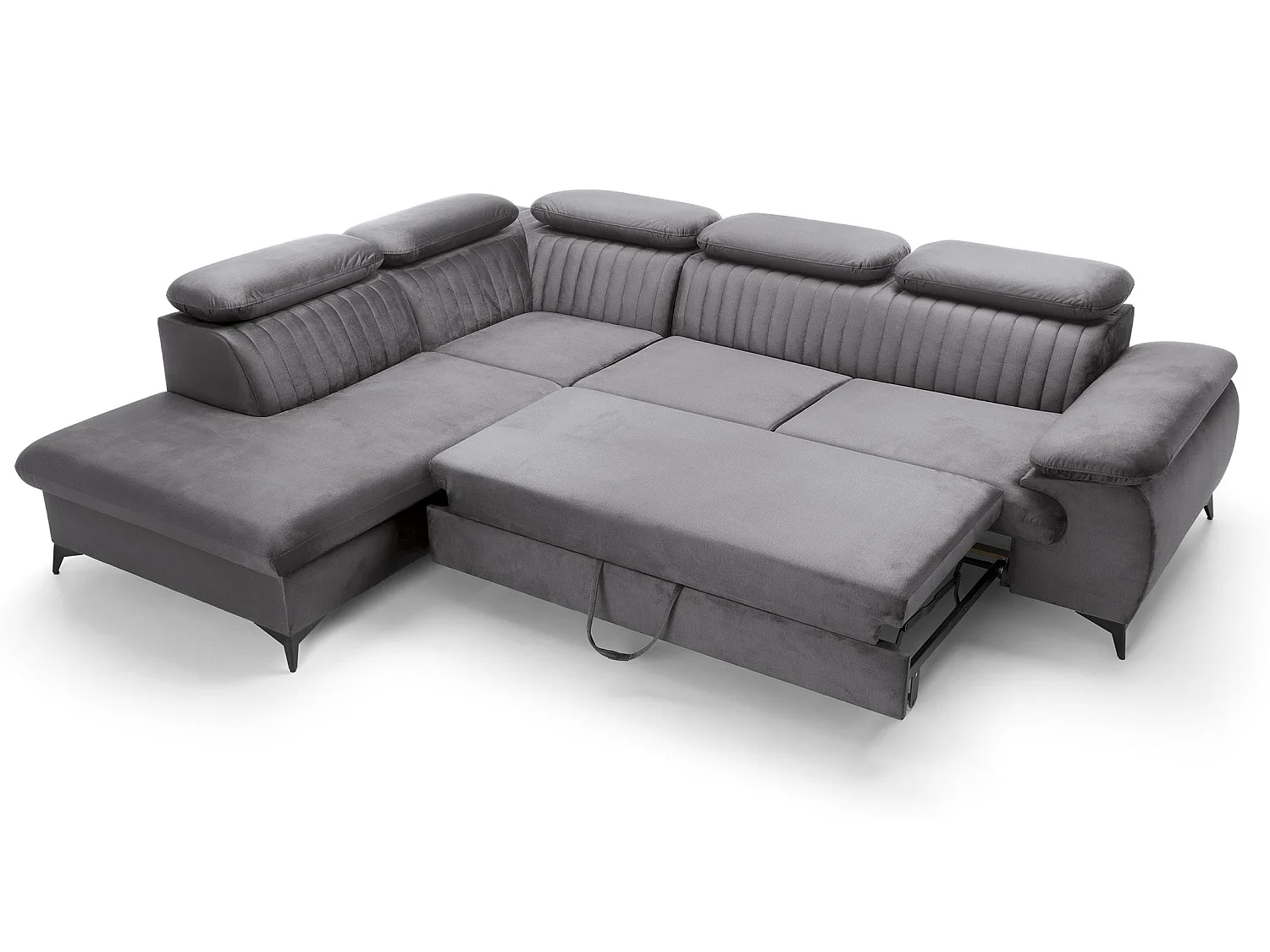 Canapé d'angle convertible Xanto L, 275x221 cm, têtières réglables, coffre de rangement, gauche, Gris foncé