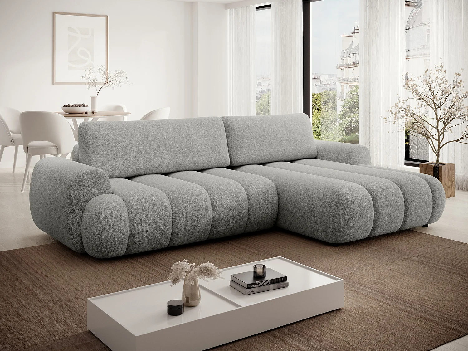Canapé d'angle convertible 270 cm Puro, style moderne, coffre de rangement, 5 places, droite, Gris clair