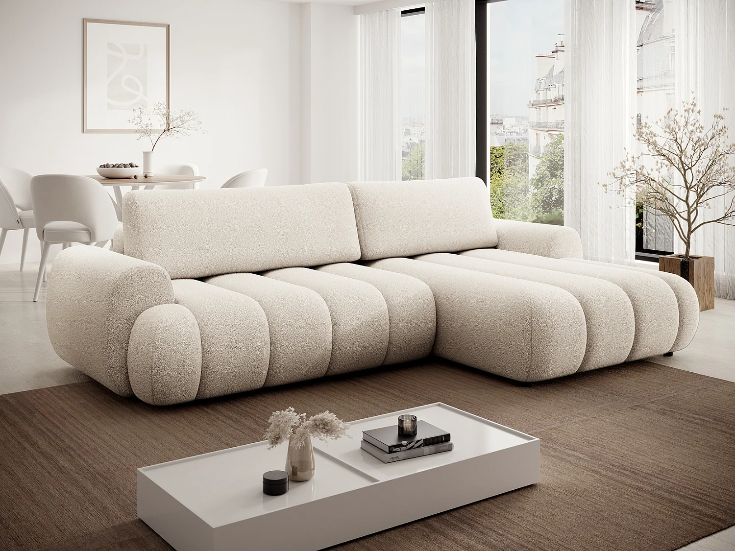 Canapé d'angle convertible 270 cm Puro, style moderne, coffre de rangement, 5 places, droite, Crème