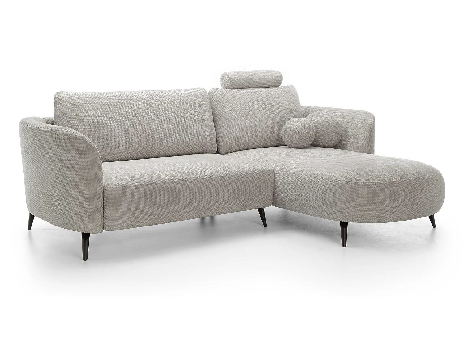 Canapé d'angle convertible 260 cm Kendra sur pieds de 15 cm, coffre de rangement, poufs boules, droite, Gris clair