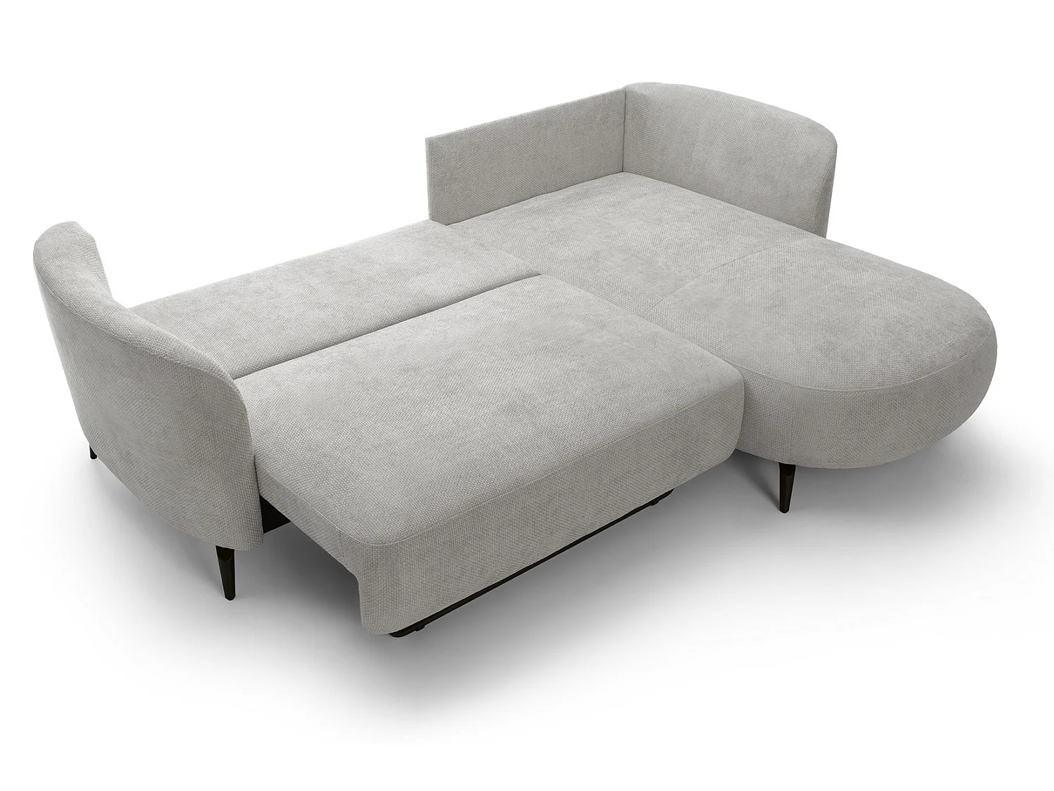 Canapé d'angle convertible 260 cm Kendra sur pieds de 15 cm, coffre de rangement, poufs boules, droite, Gris clair