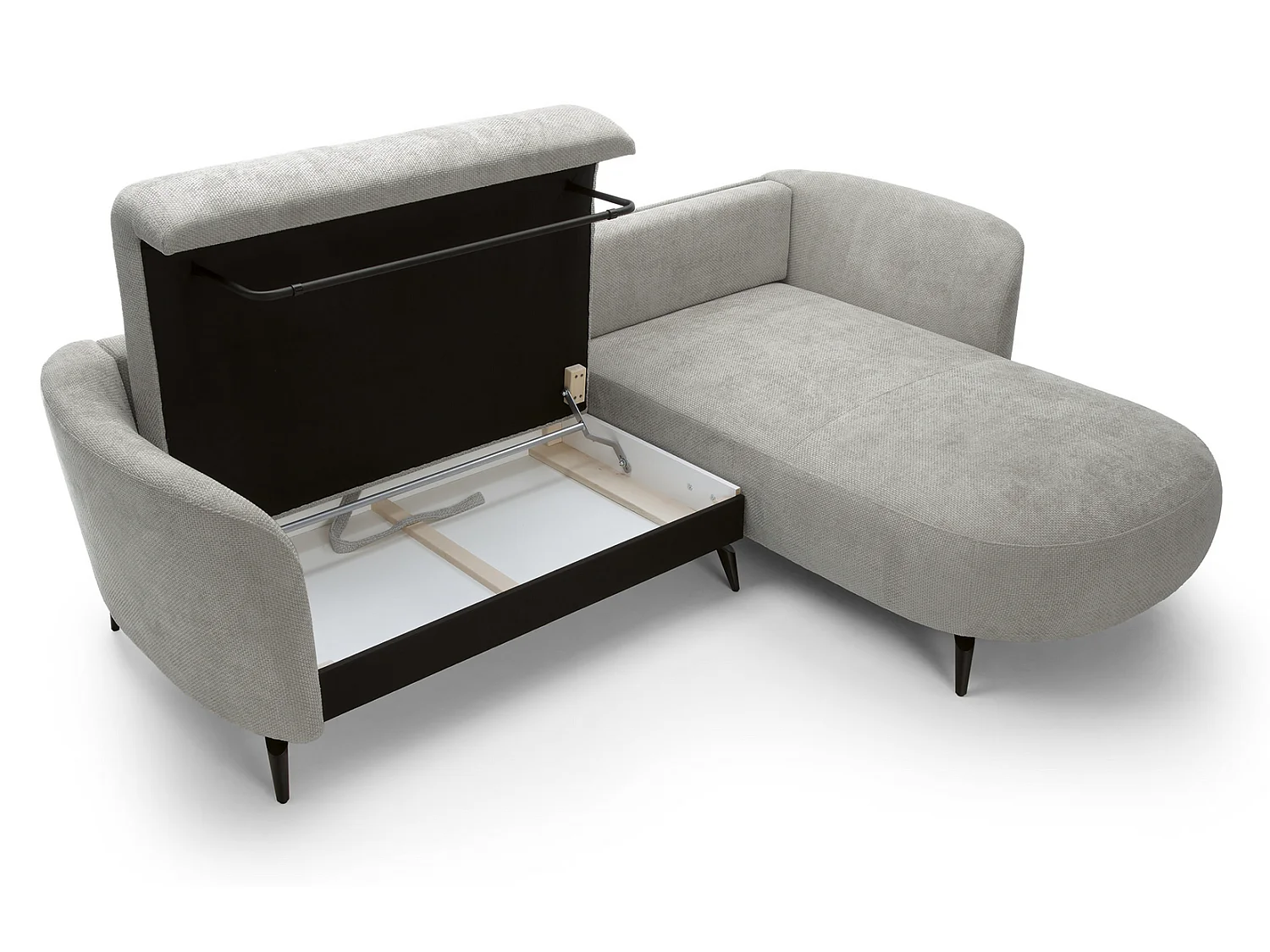 Canapé d'angle convertible 260 cm Kendra sur pieds de 15 cm, coffre de rangement, poufs boules, droite, Gris clair