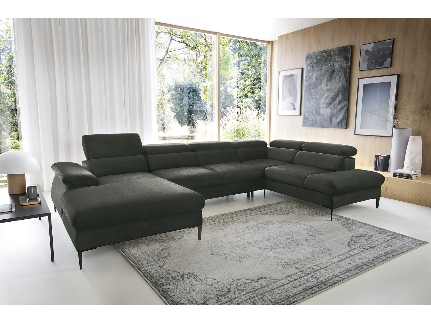Canapé d'angle en U convertible 350 cm Amaro, tissu velours, têtières réglables - coffre, gauche, Vert