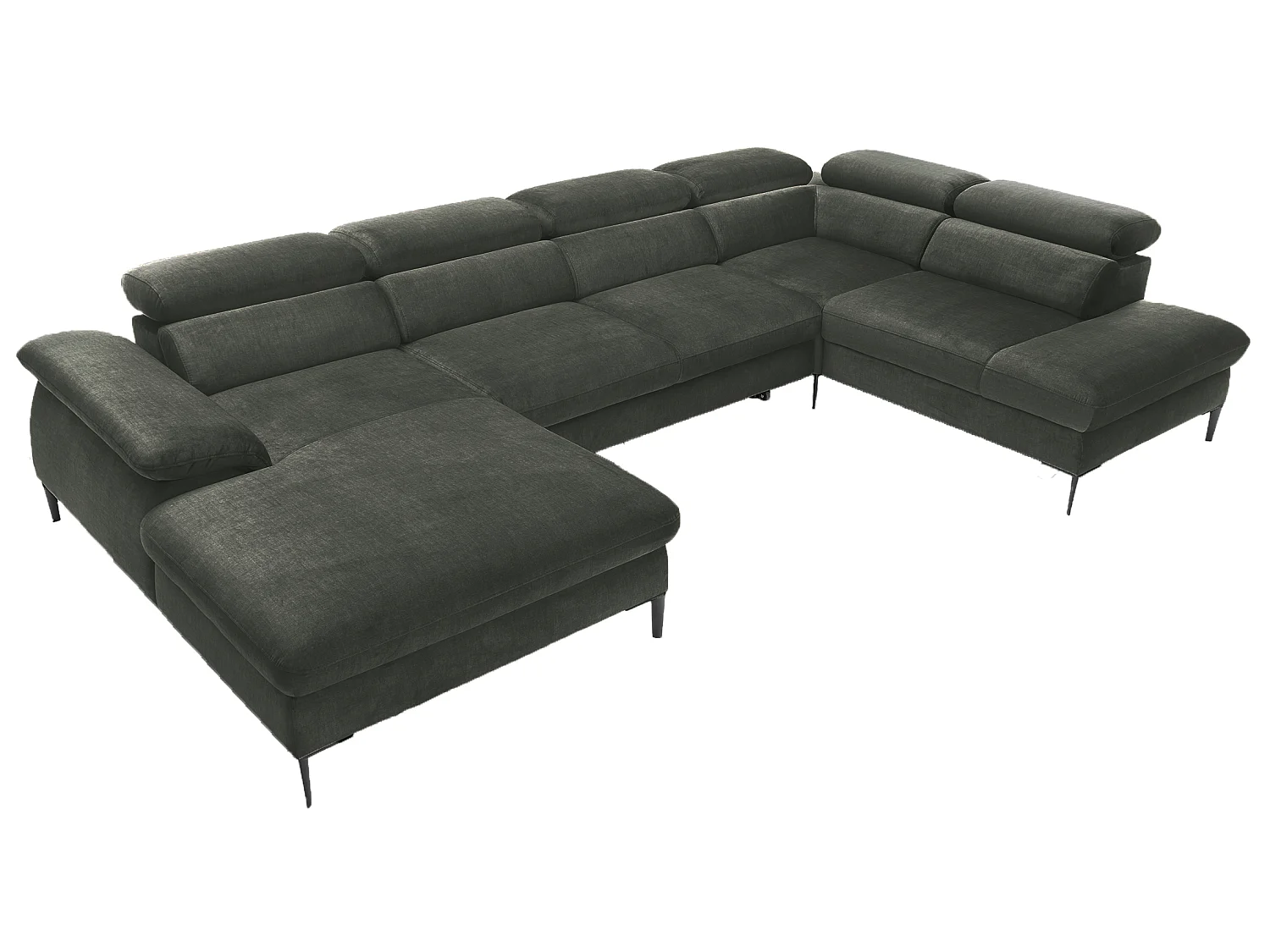 Canapé d'angle en U convertible 350 cm Amaro, tissu velours, têtières réglables - coffre, gauche, Vert
