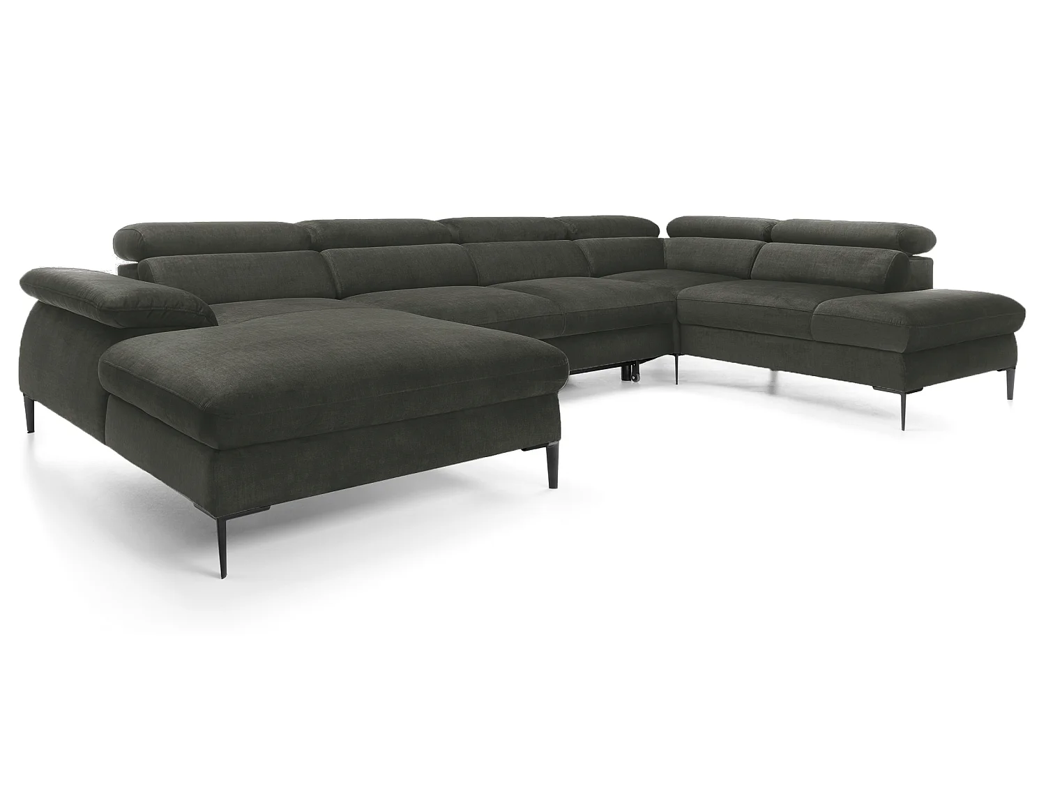 Canapé d'angle en U convertible 350 cm Amaro, tissu velours, têtières réglables - coffre, gauche, Vert