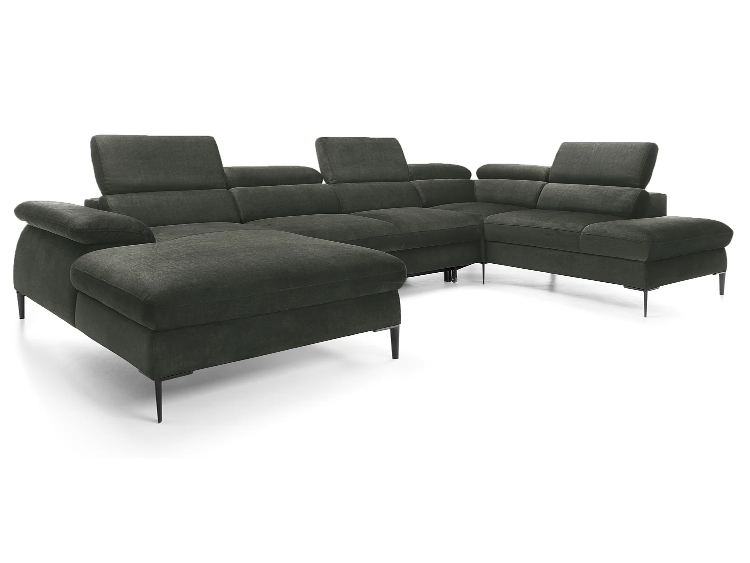 Canapé d'angle en U convertible 350 cm Amaro, tissu velours, têtières réglables - coffre, gauche, Vert