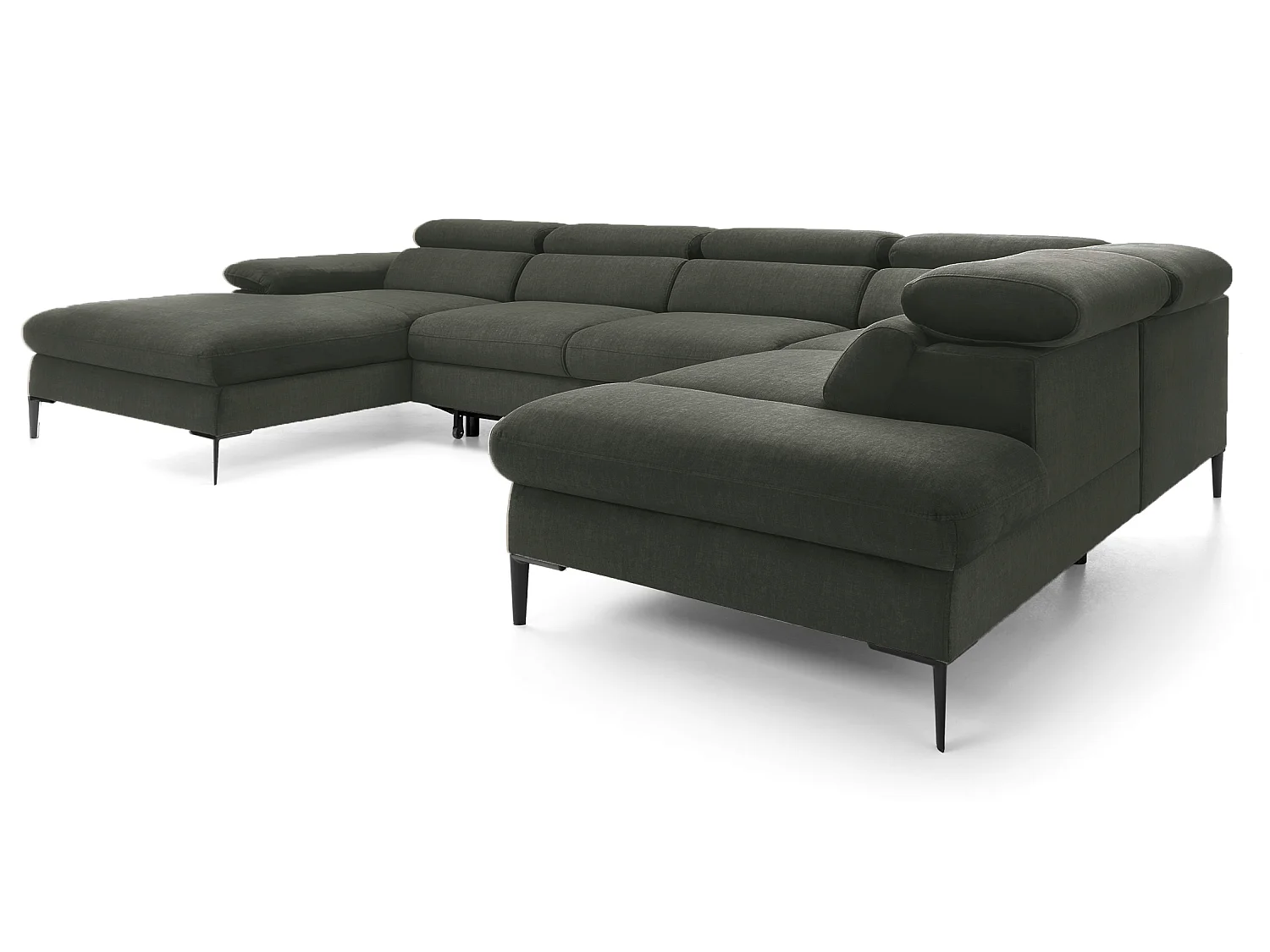 Canapé d'angle en U convertible 350 cm Amaro, tissu velours, têtières réglables - coffre, gauche, Vert