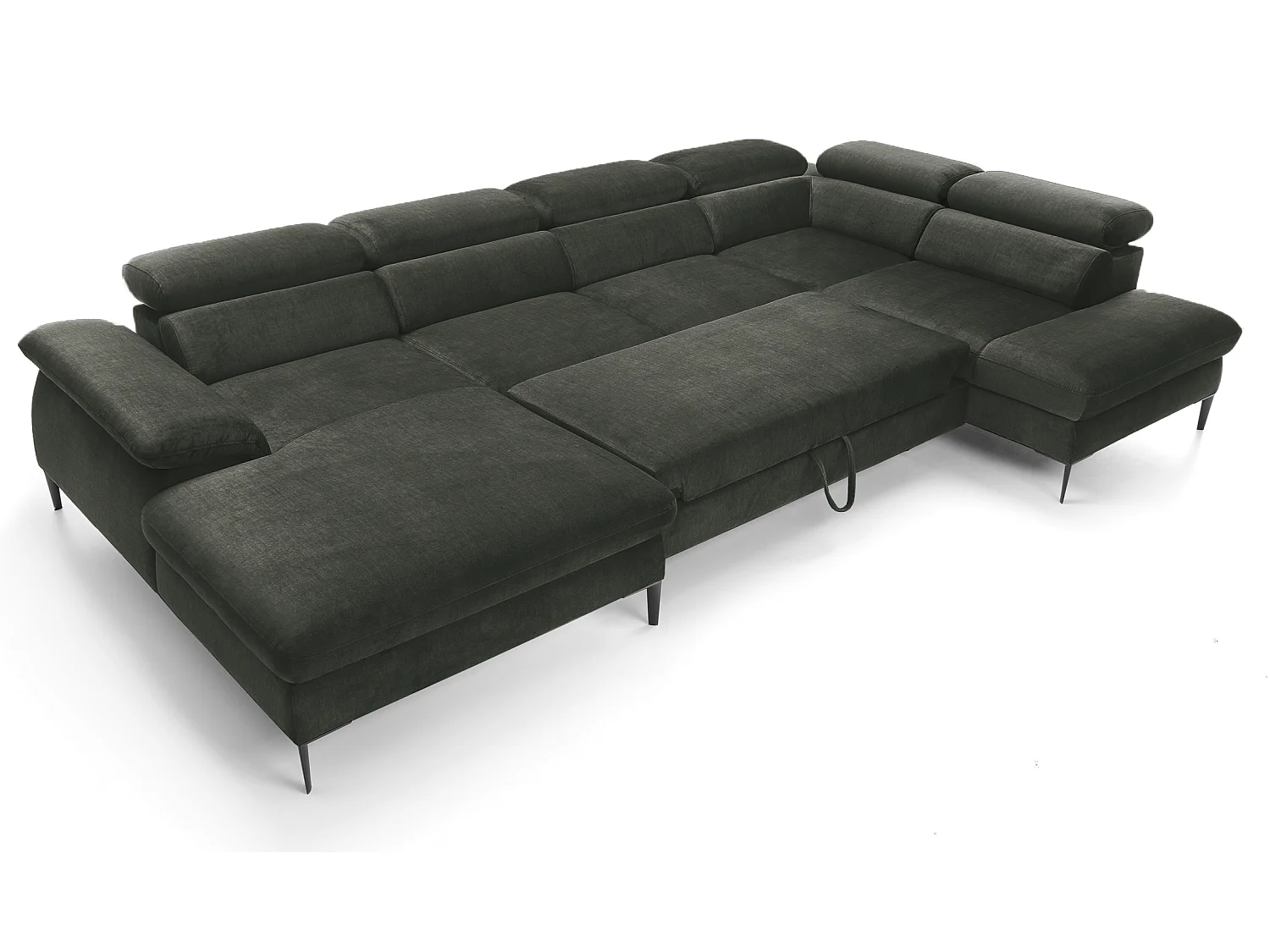 Canapé d'angle en U convertible 350 cm Amaro, tissu velours, têtières réglables - coffre, gauche, Vert