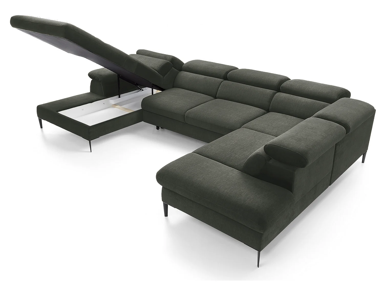 Canapé d'angle en U convertible 350 cm Amaro, tissu velours, têtières réglables - coffre, gauche, Vert