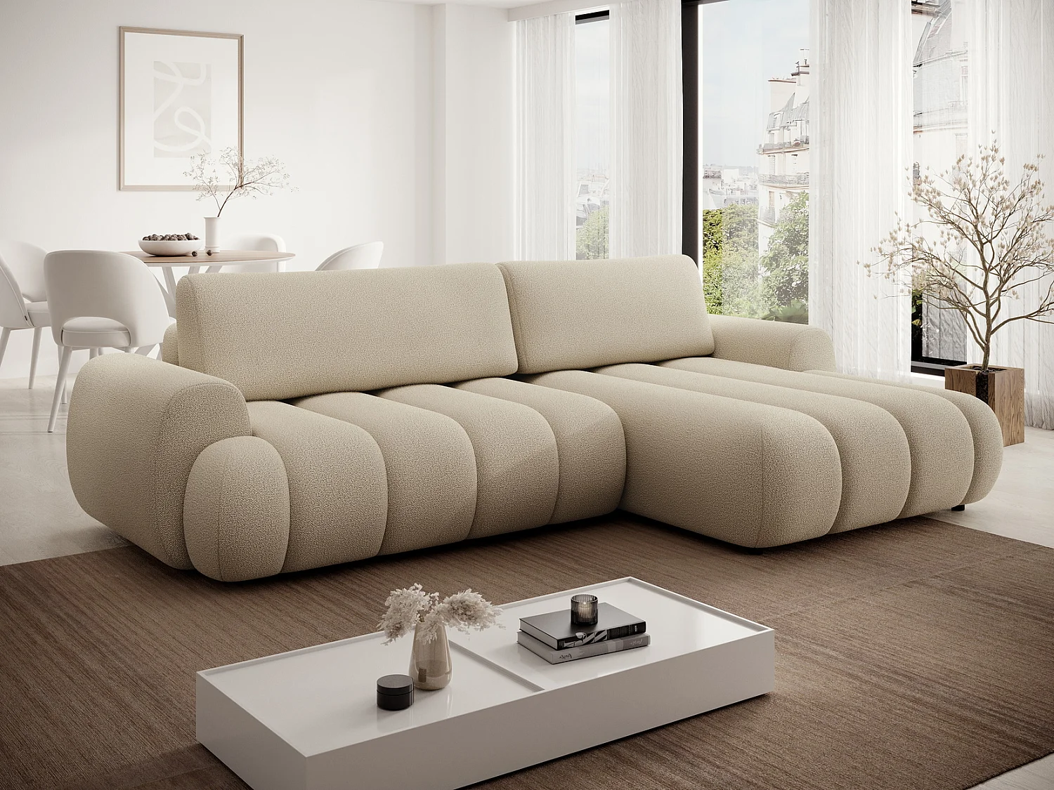 Canapé d'angle convertible 270 cm Puro, style moderne, coffre de rangement, 5 places, droite, Beige