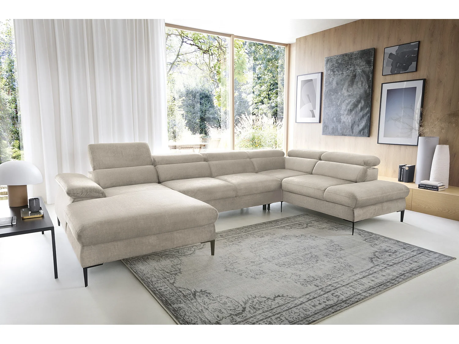 Canapé d'angle en U convertible 350 cm Amaro, tissu velours, têtières réglables - coffre, gauche, Crème