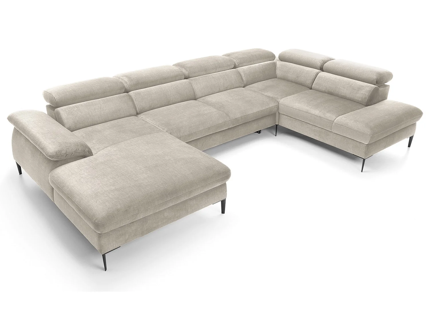 Canapé d'angle en U convertible 350 cm Amaro, tissu velours, têtières réglables - coffre, gauche, Crème
