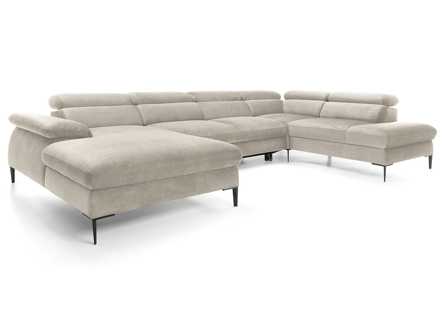 Canapé d'angle en U convertible 350 cm Amaro, tissu velours, têtières réglables - coffre, gauche, Crème