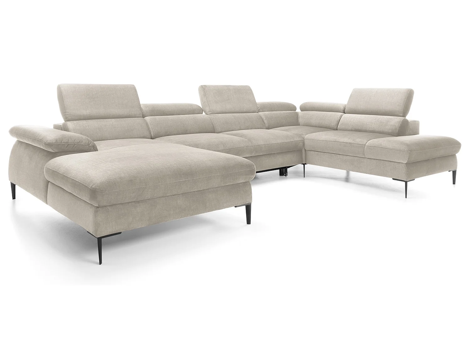 Canapé d'angle en U convertible 350 cm Amaro, tissu velours, têtières réglables - coffre, gauche, Crème