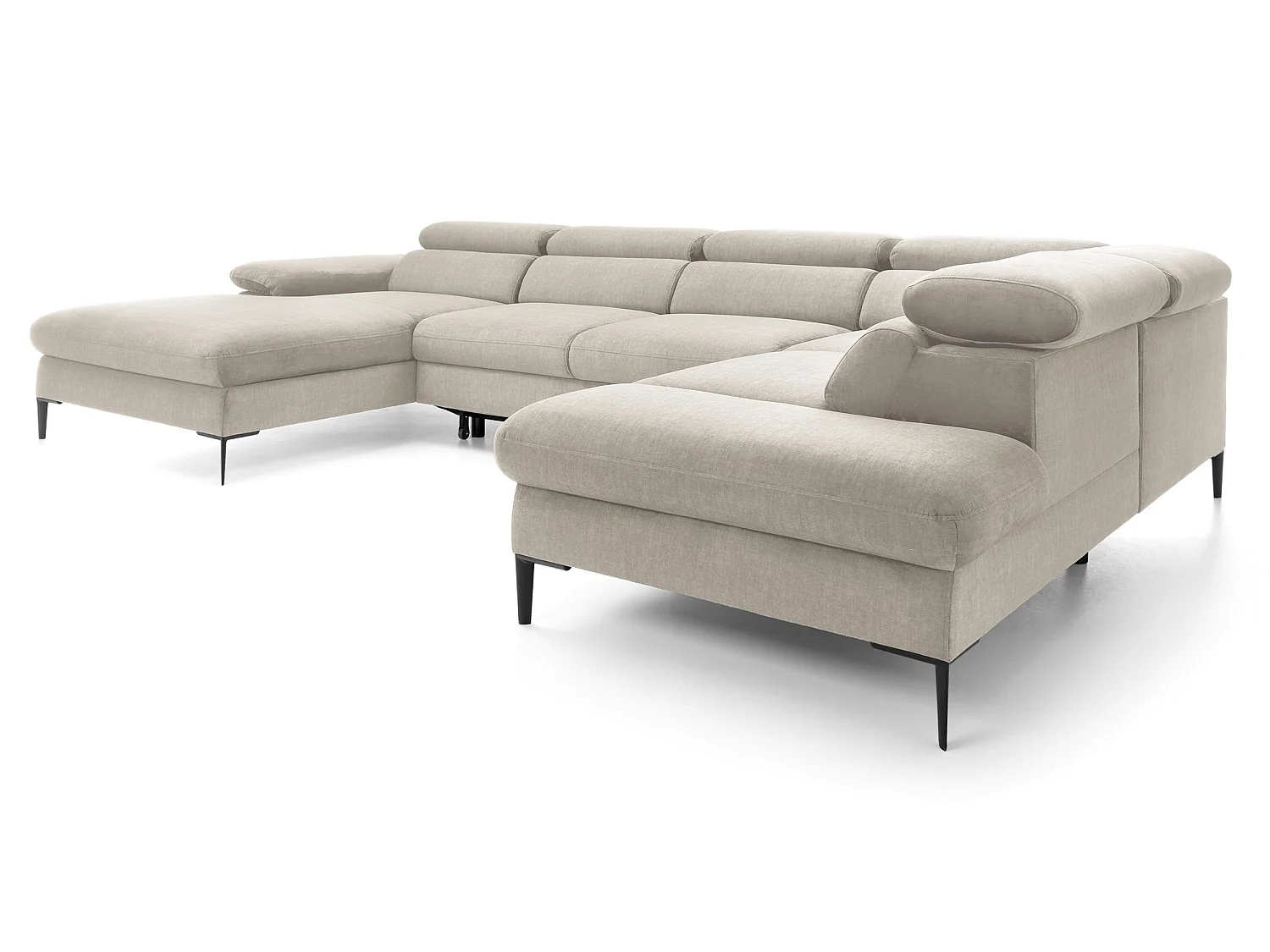 Canapé d'angle en U convertible 350 cm Amaro, tissu velours, têtières réglables - coffre, gauche, Crème