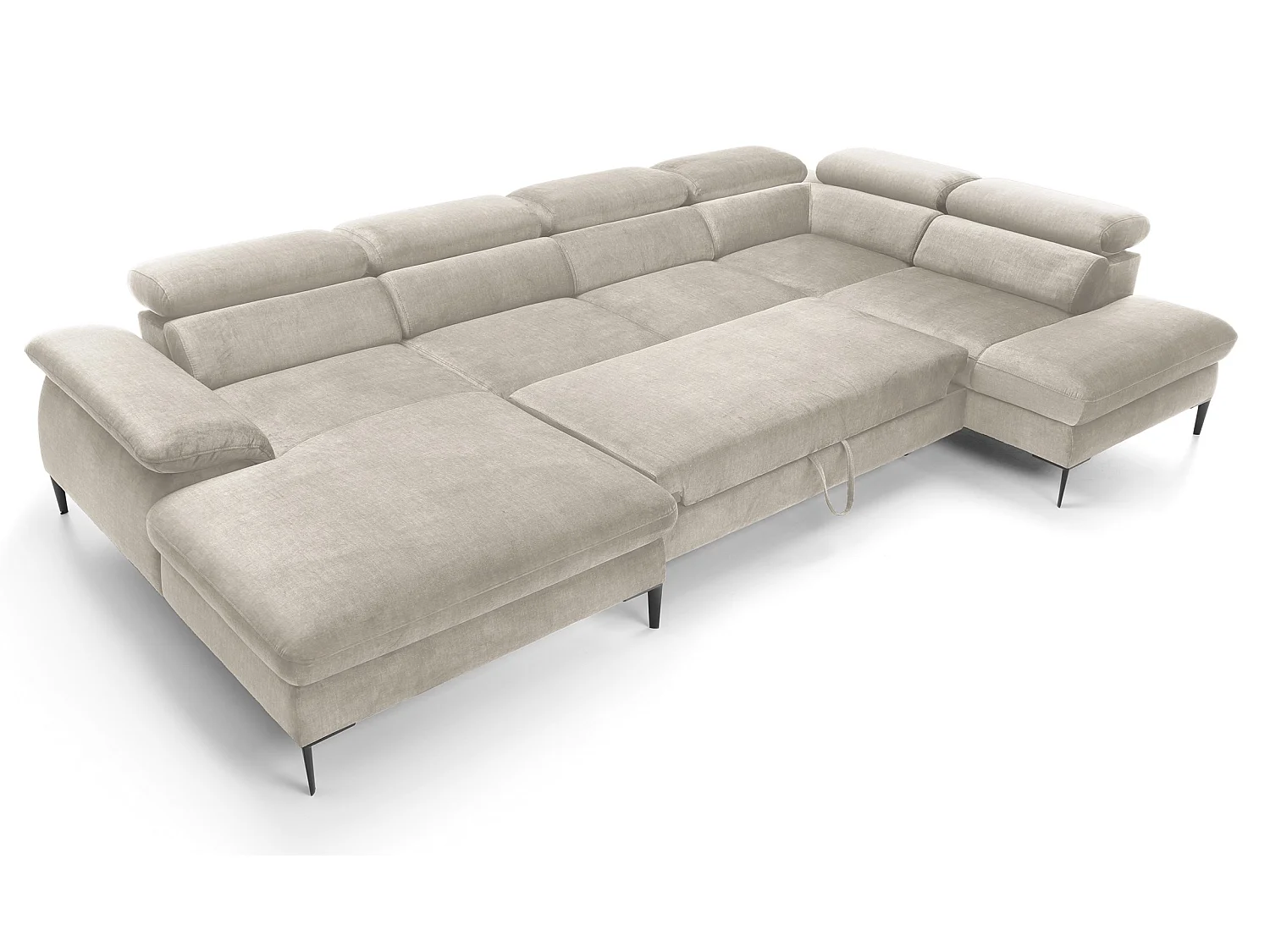 Canapé d'angle en U convertible 350 cm Amaro, tissu velours, têtières réglables - coffre, gauche, Crème