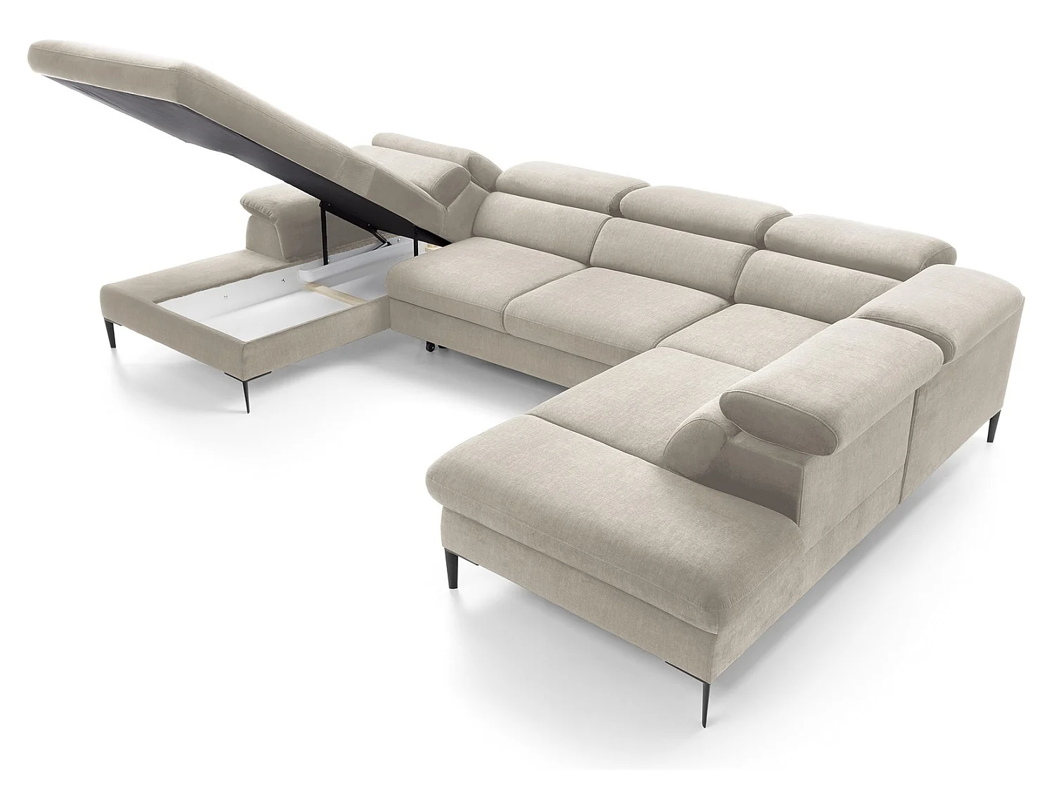 Canapé d'angle en U convertible 350 cm Amaro, tissu velours, têtières réglables - coffre, gauche, Crème