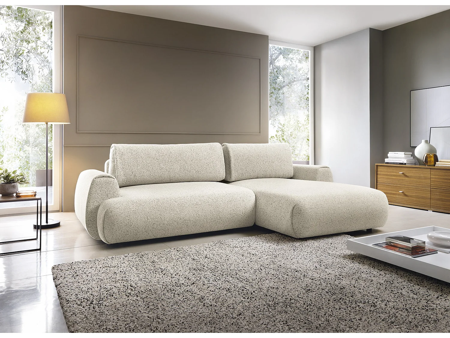 Canapé d'angle avec rangement 270 cm Ralto, style moderne, 5 places, droite, Crème