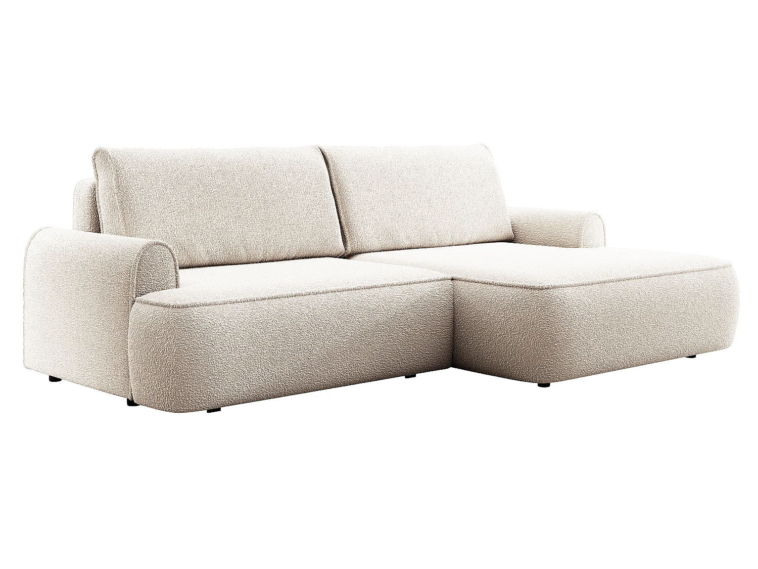 Hoekbank 250 cm Mareno in bouclé stof, moderne stijl, slaapfunctie en opbergruimte, rechterhoek, Crème