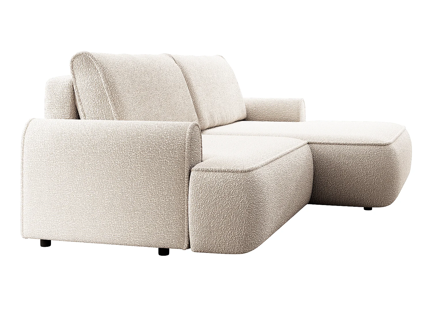 Hoekbank 250 cm Mareno in bouclé stof, moderne stijl, slaapfunctie en opbergruimte, rechterhoek, Crème