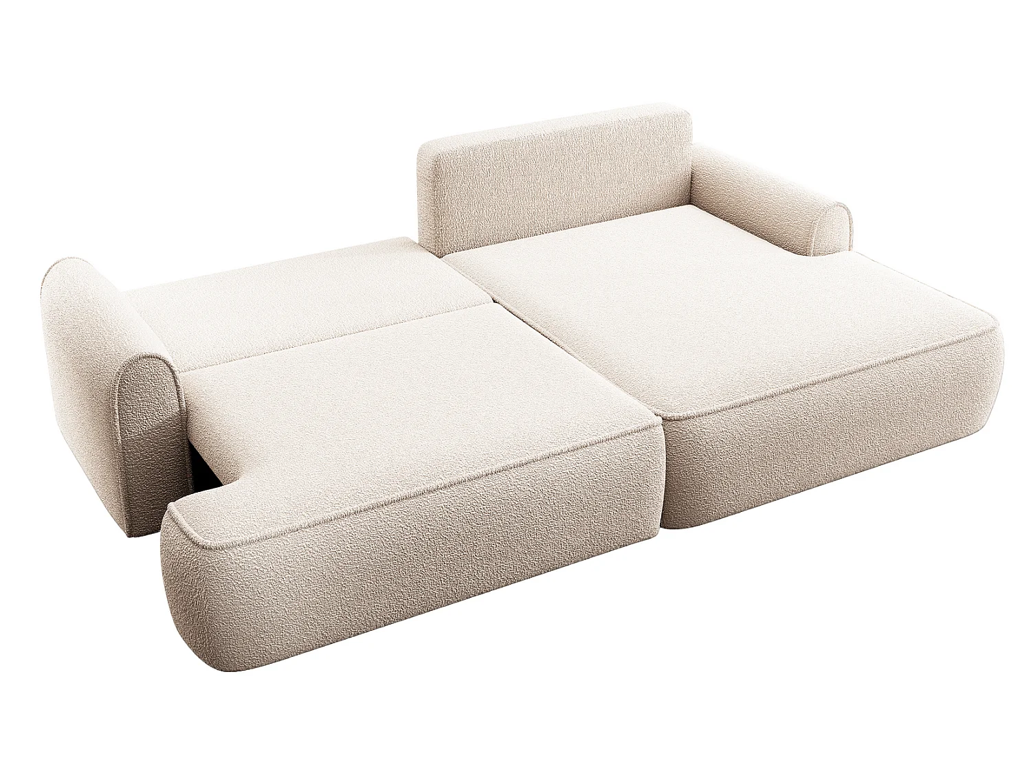Hoekbank 250 cm Mareno in bouclé stof, moderne stijl, slaapfunctie en opbergruimte, rechterhoek, Crème
