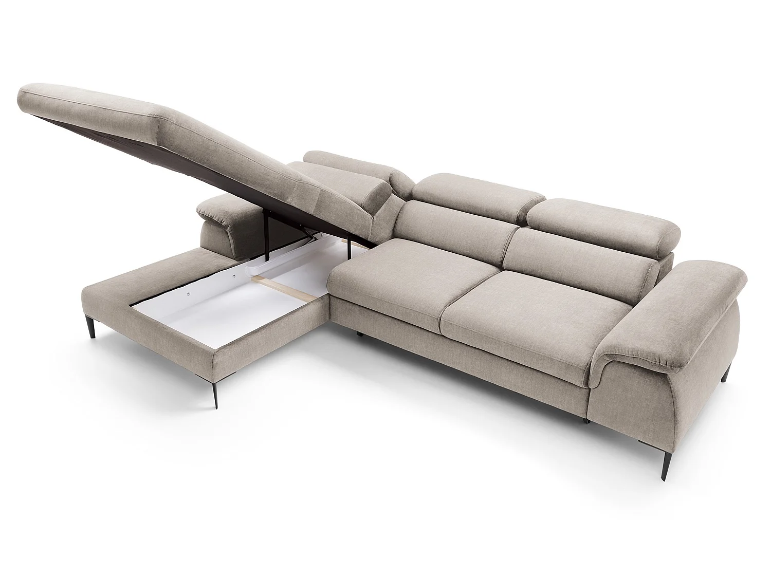 Hoekbank 290 cm Amaro M, verstelbare hoofdsteunen, slaapfunctie en opbergruimte, links, Beige
