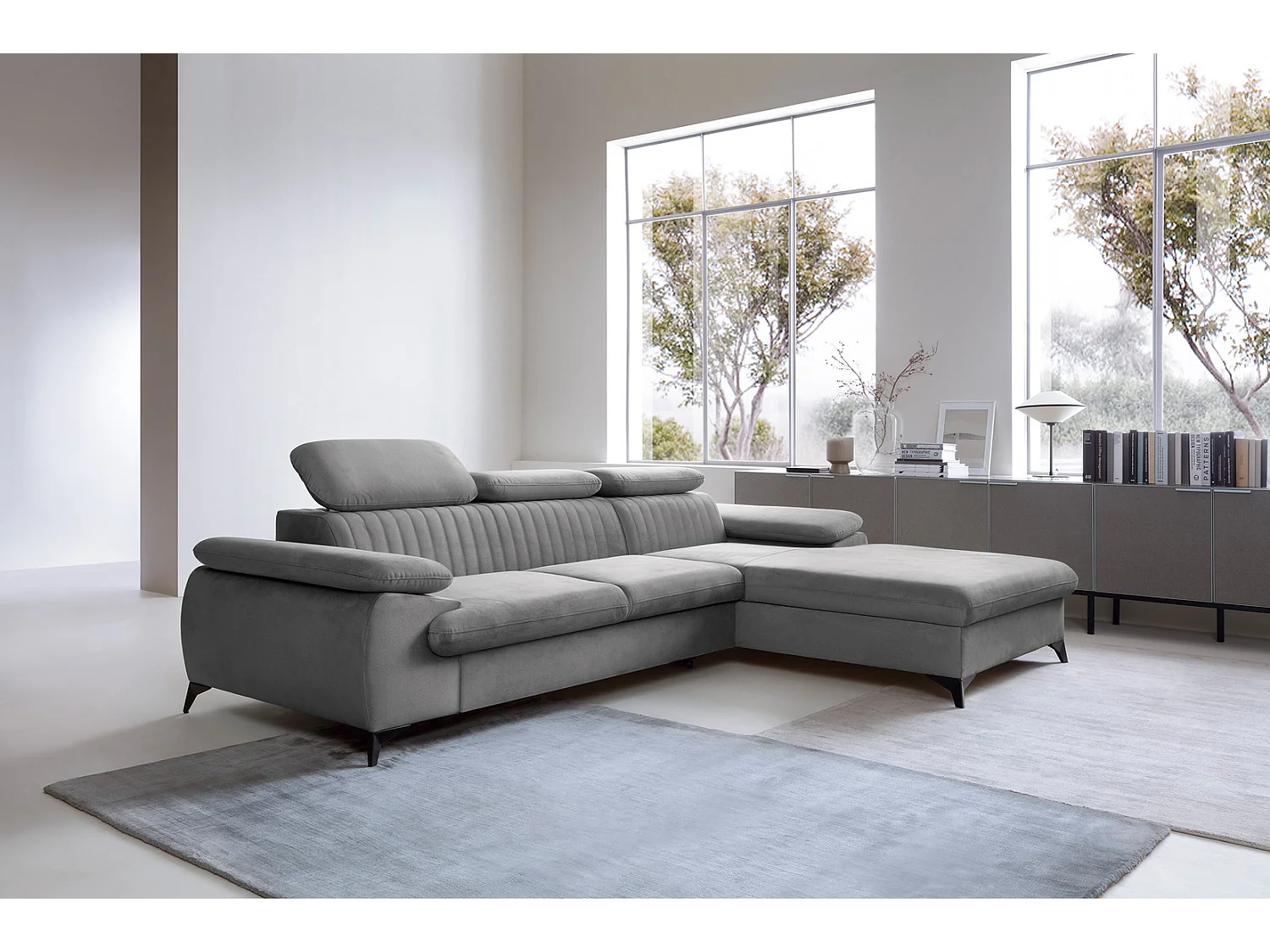 Canapé d'angle avec appuie-têtes réglables Xanto M, 280x193 cm, convertible, coffre de rangement, droite, Gris