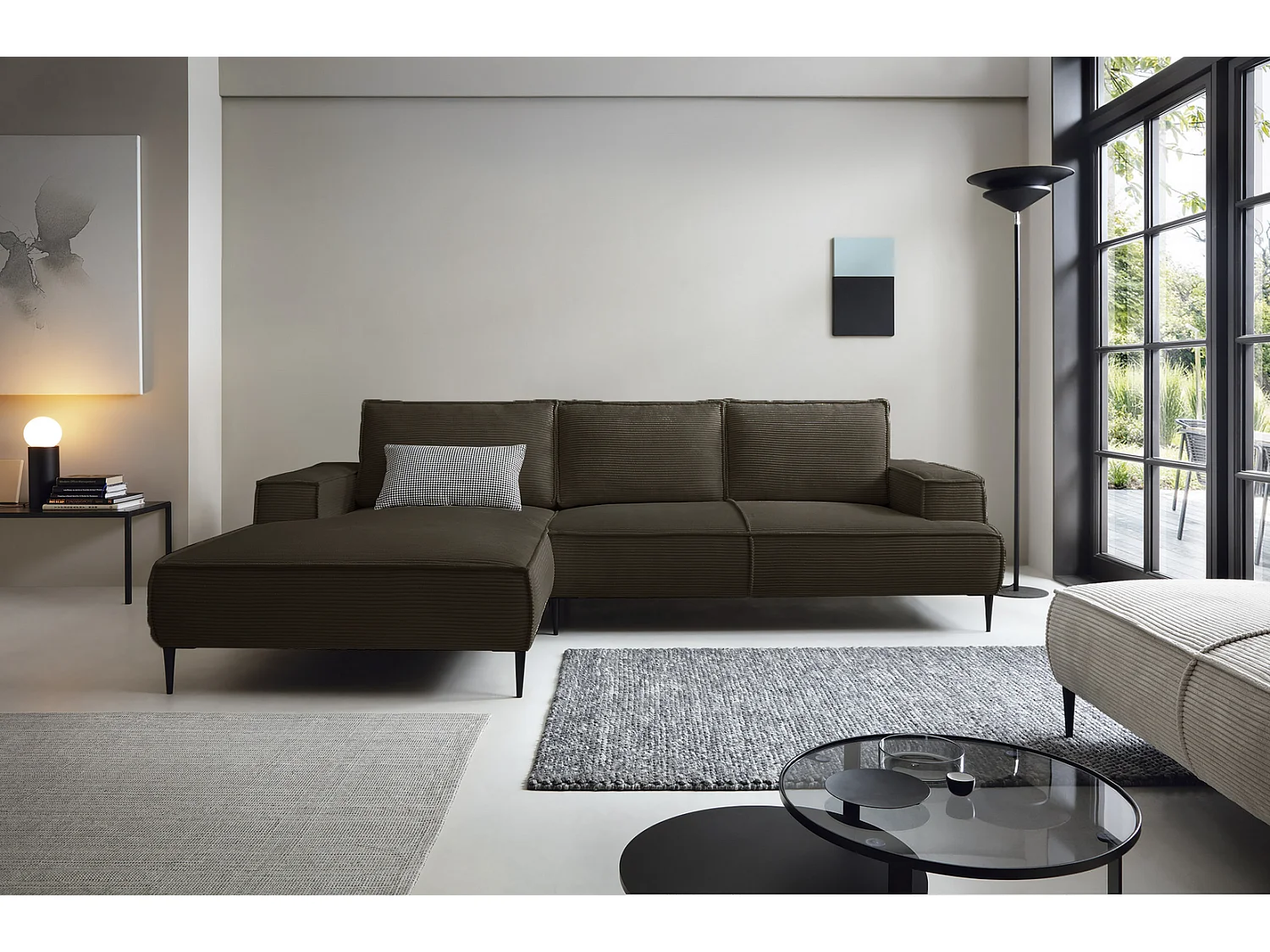 Canapé d'angle fixe 275 cm Harmonia M, tissu en velours côtelé, style moderne, sur pieds, gauche, Marron