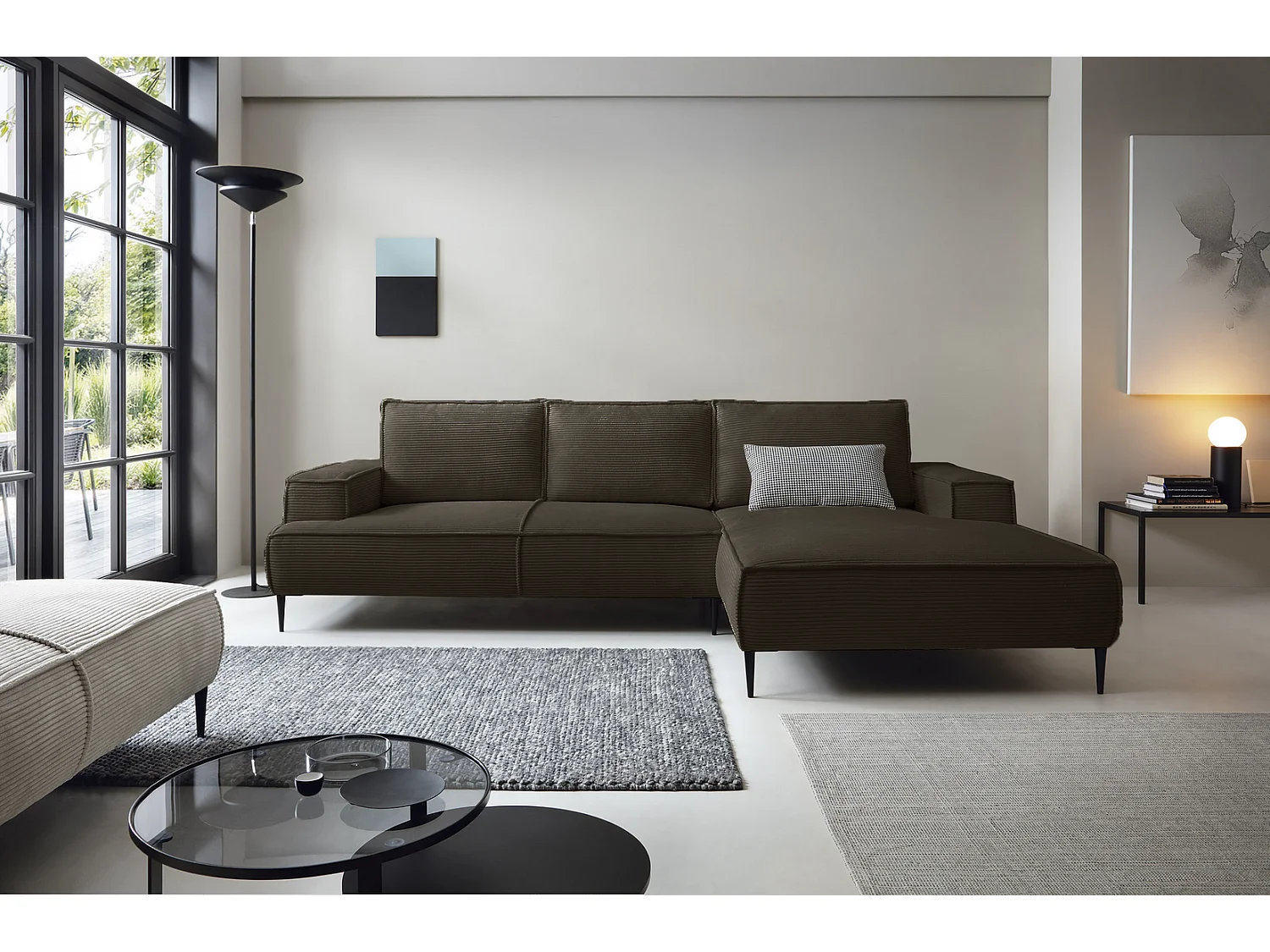 Canapé d'angle fixe 275 cm Harmonia M, tissu en velours côtelé, style moderne, sur pieds, droite, Marron