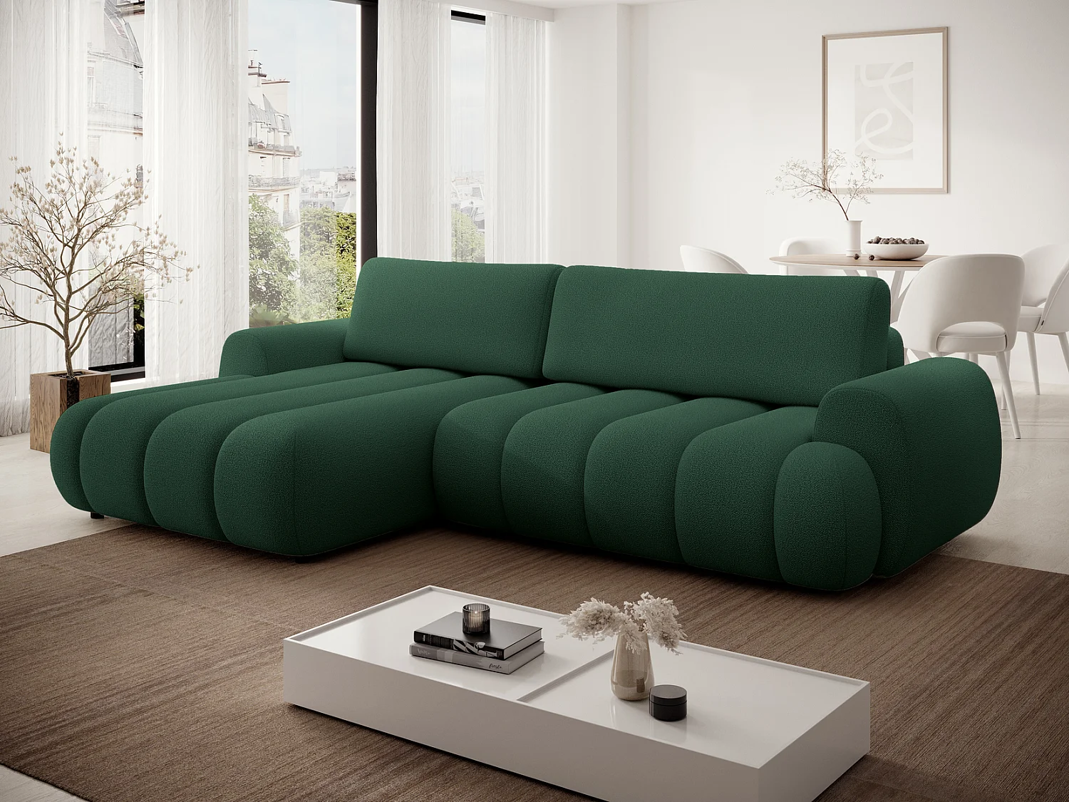 Hoekbank 270 cm Puro, modern design, slaapfunctie en opbergruimte, 5-zits, linkerhoek, Groen