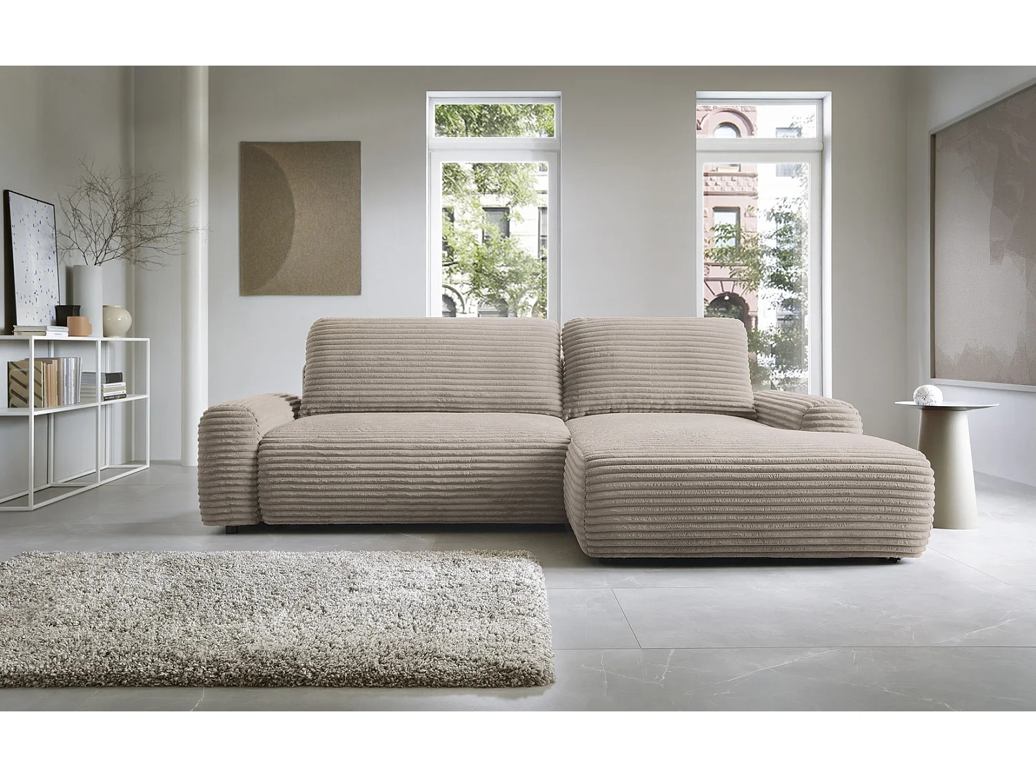 Canapé d'angle convertible 260 cm Cantara, tissu en velours côtelé, coffre de rangement, droite, Marron clair