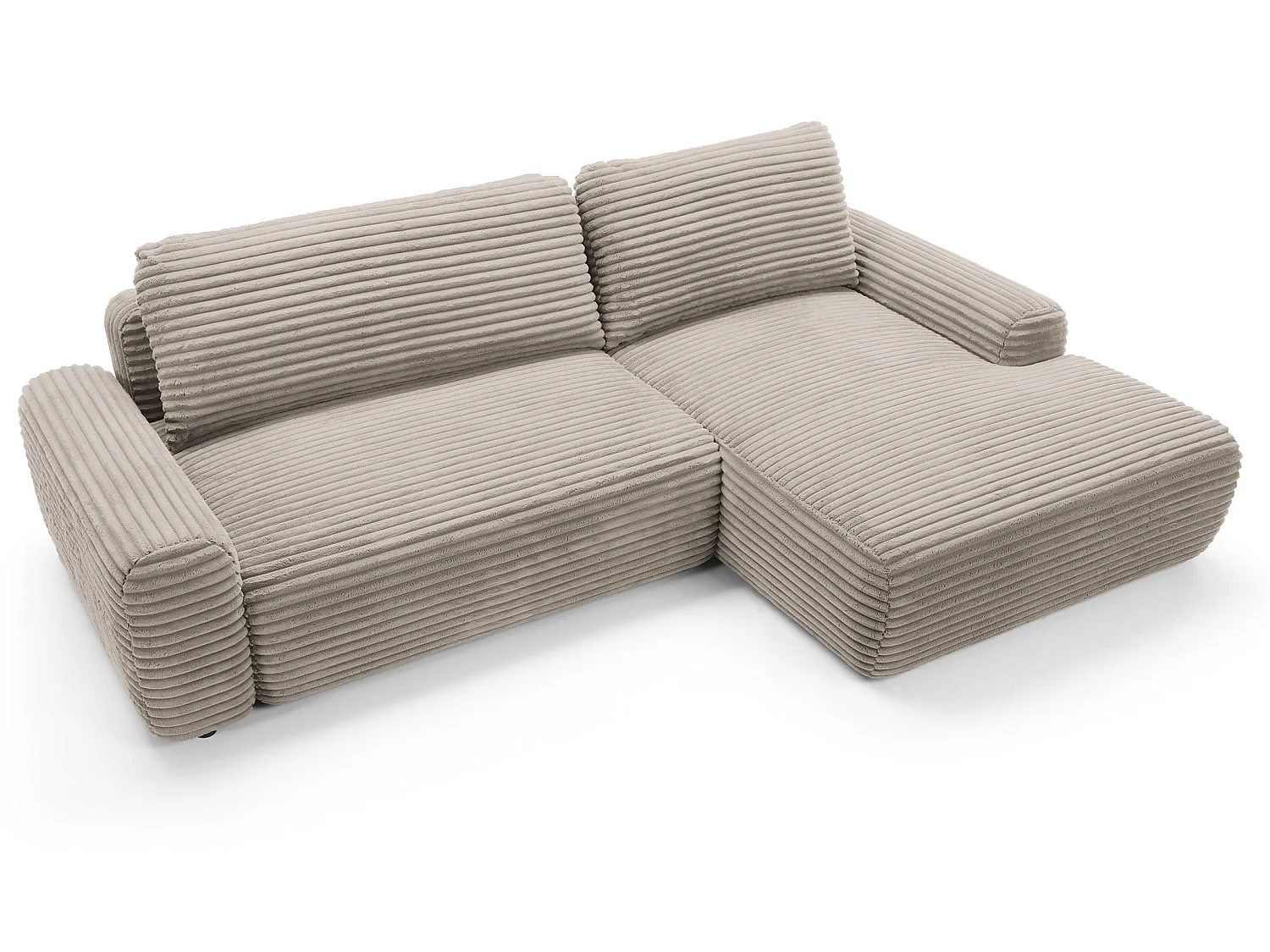 Canapé d'angle convertible 260 cm Cantara, tissu en velours côtelé, coffre de rangement, droite, Marron clair