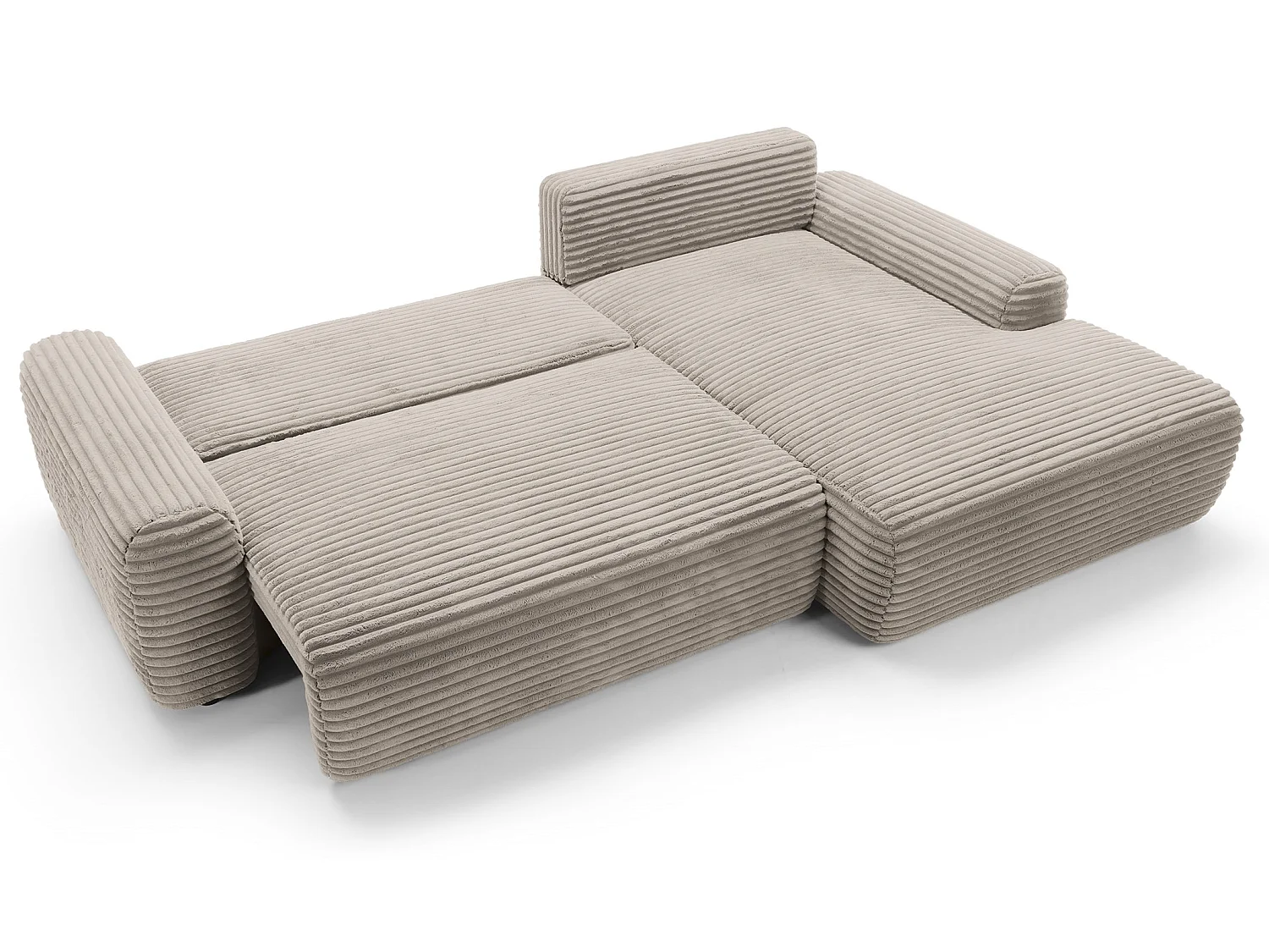 Canapé d'angle convertible 260 cm Cantara, tissu en velours côtelé, coffre de rangement, droite, Marron clair