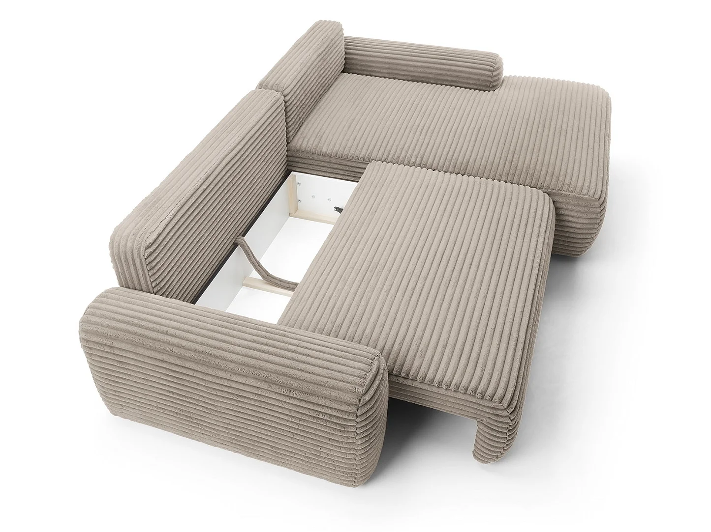Canapé d'angle convertible 260 cm Cantara, tissu en velours côtelé, coffre de rangement, droite, Marron clair