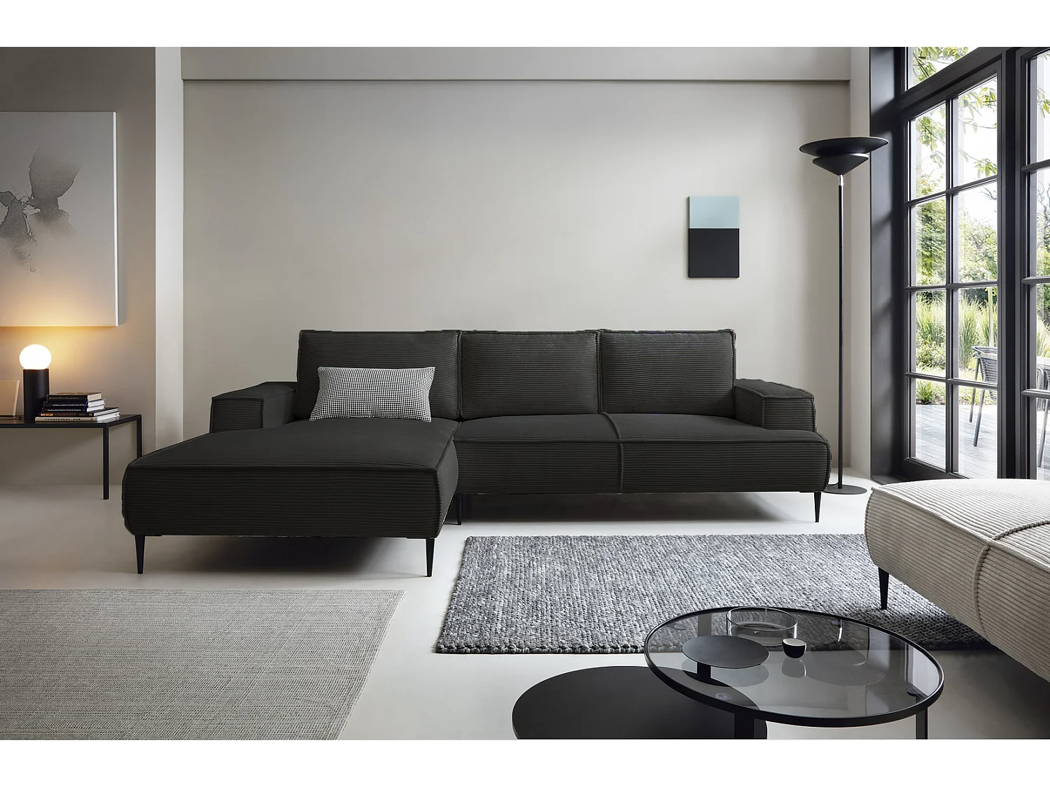 Canapé d'angle fixe 275 cm Harmonia M, tissu en velours côtelé, style moderne, sur pieds, gauche, Gris foncé
