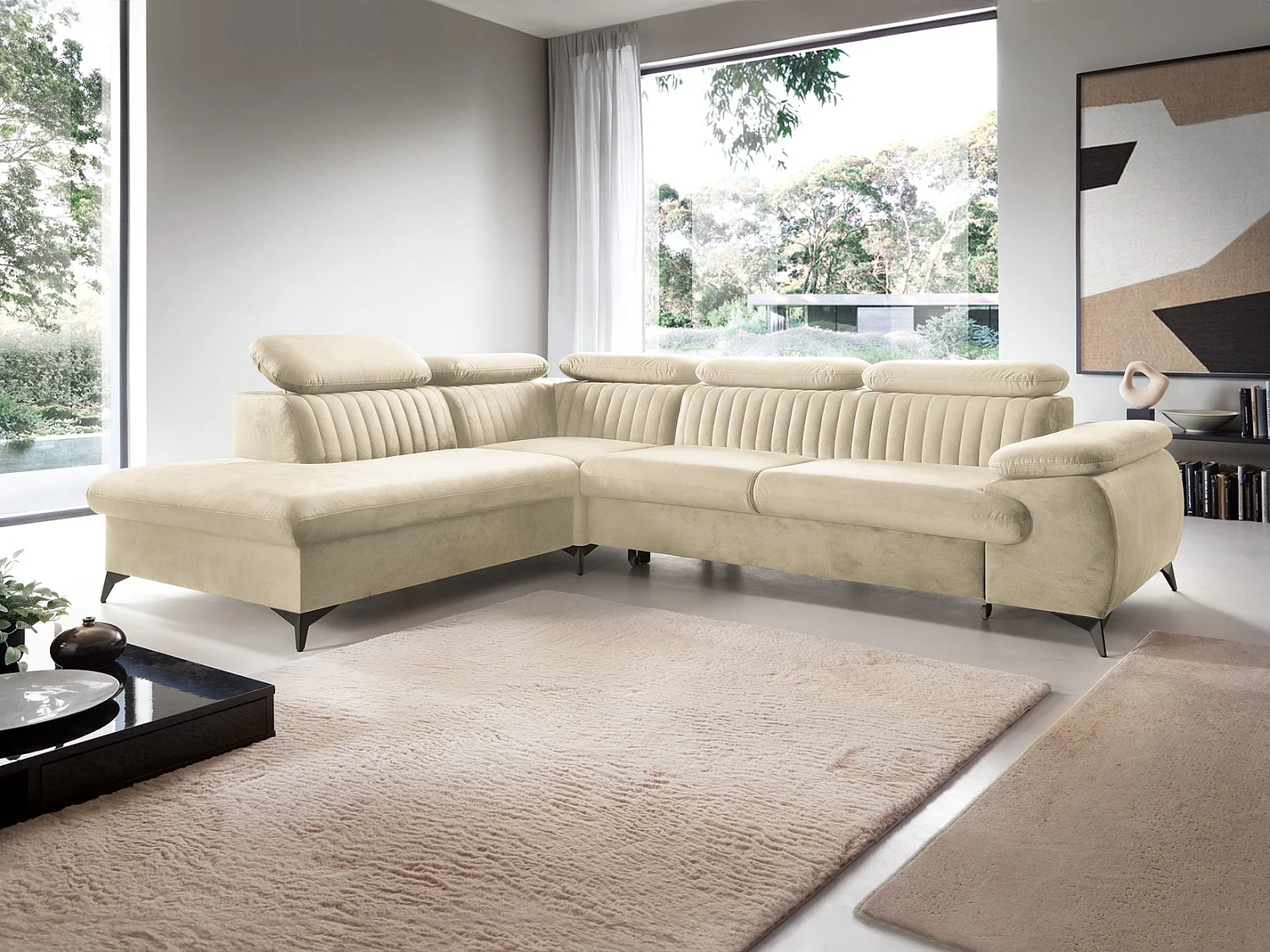 Canapé d'angle convertible Xanto L, 275x221 cm, têtières réglables, coffre de rangement, gauche, Crème