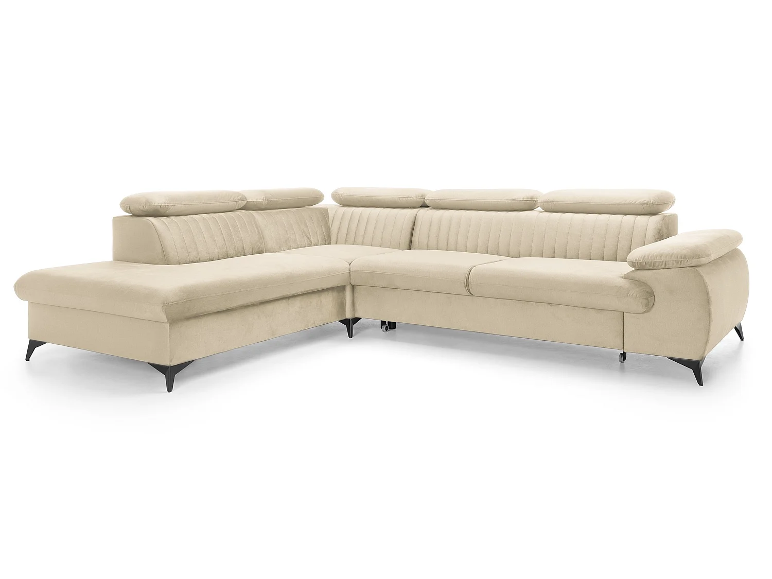 Canapé d'angle convertible Xanto L, 275x221 cm, têtières réglables, coffre de rangement, gauche, Crème