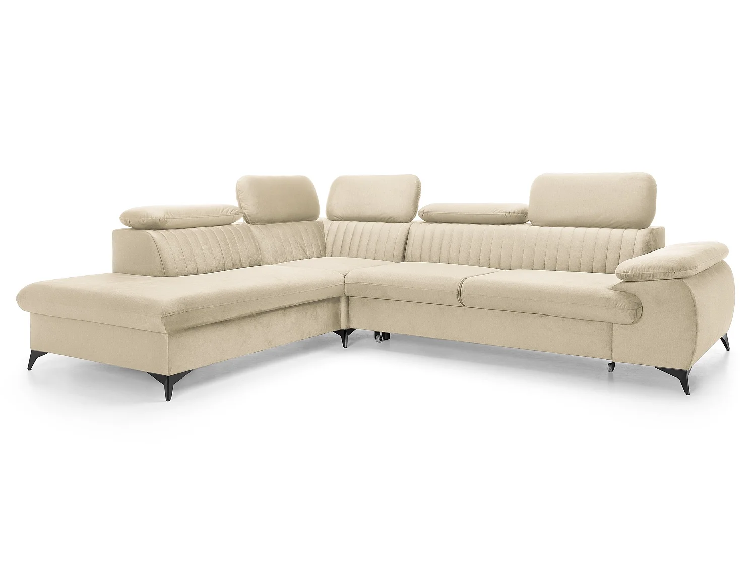 Canapé d'angle convertible Xanto L, 275x221 cm, têtières réglables, coffre de rangement, gauche, Crème