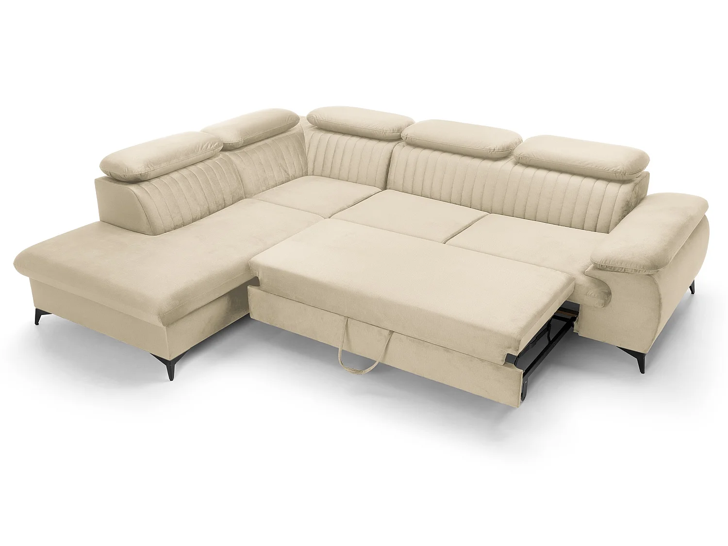 Canapé d'angle convertible Xanto L, 275x221 cm, têtières réglables, coffre de rangement, gauche, Crème