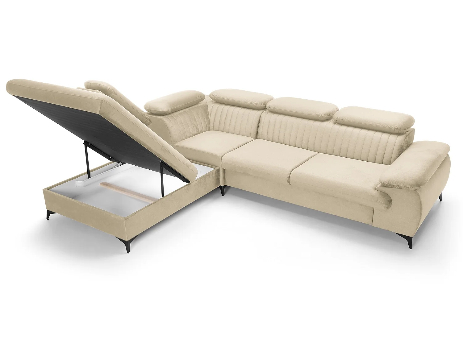 Canapé d'angle convertible Xanto L, 275x221 cm, têtières réglables, coffre de rangement, gauche, Crème