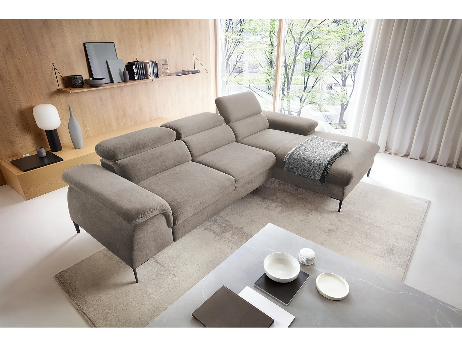 Canapé d'angle convertible 290 cm Amaro M, têtières réglables, coffre de rangement, droite, Beige foncé