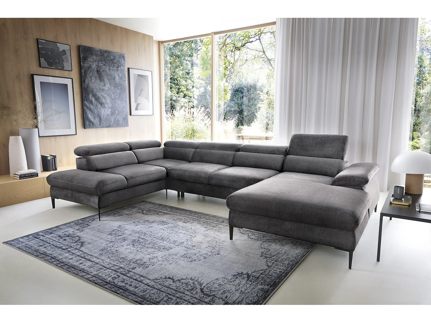 Canapé d'angle en U convertible 350 cm Amaro, tissu velours, têtières réglables - coffre, droite, Gris