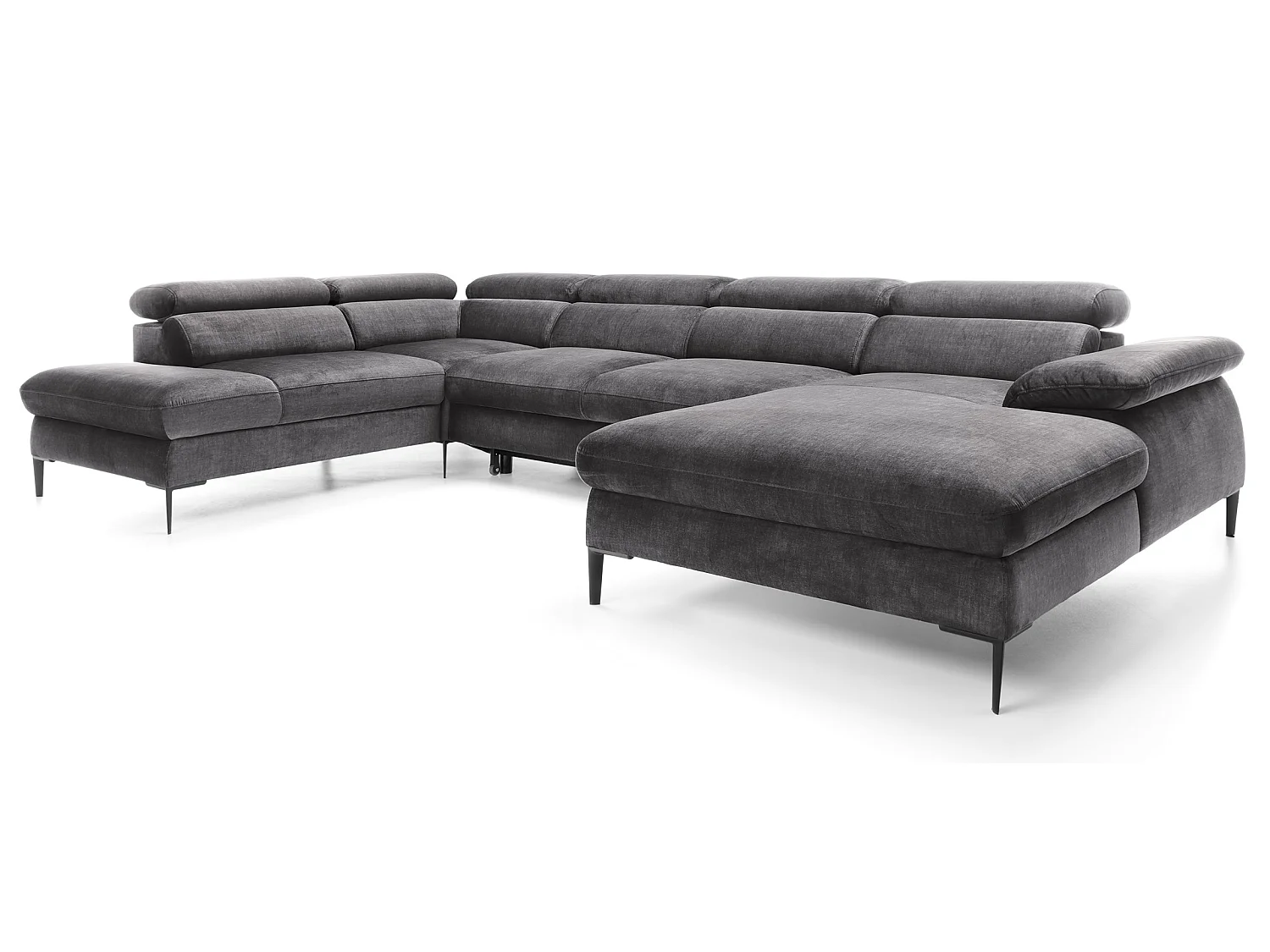 Canapé d'angle en U convertible 350 cm Amaro, tissu velours, têtières réglables - coffre, droite, Gris
