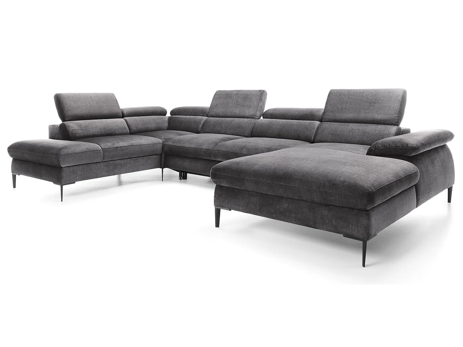 Canapé d'angle en U convertible 350 cm Amaro, tissu velours, têtières réglables - coffre, droite, Gris