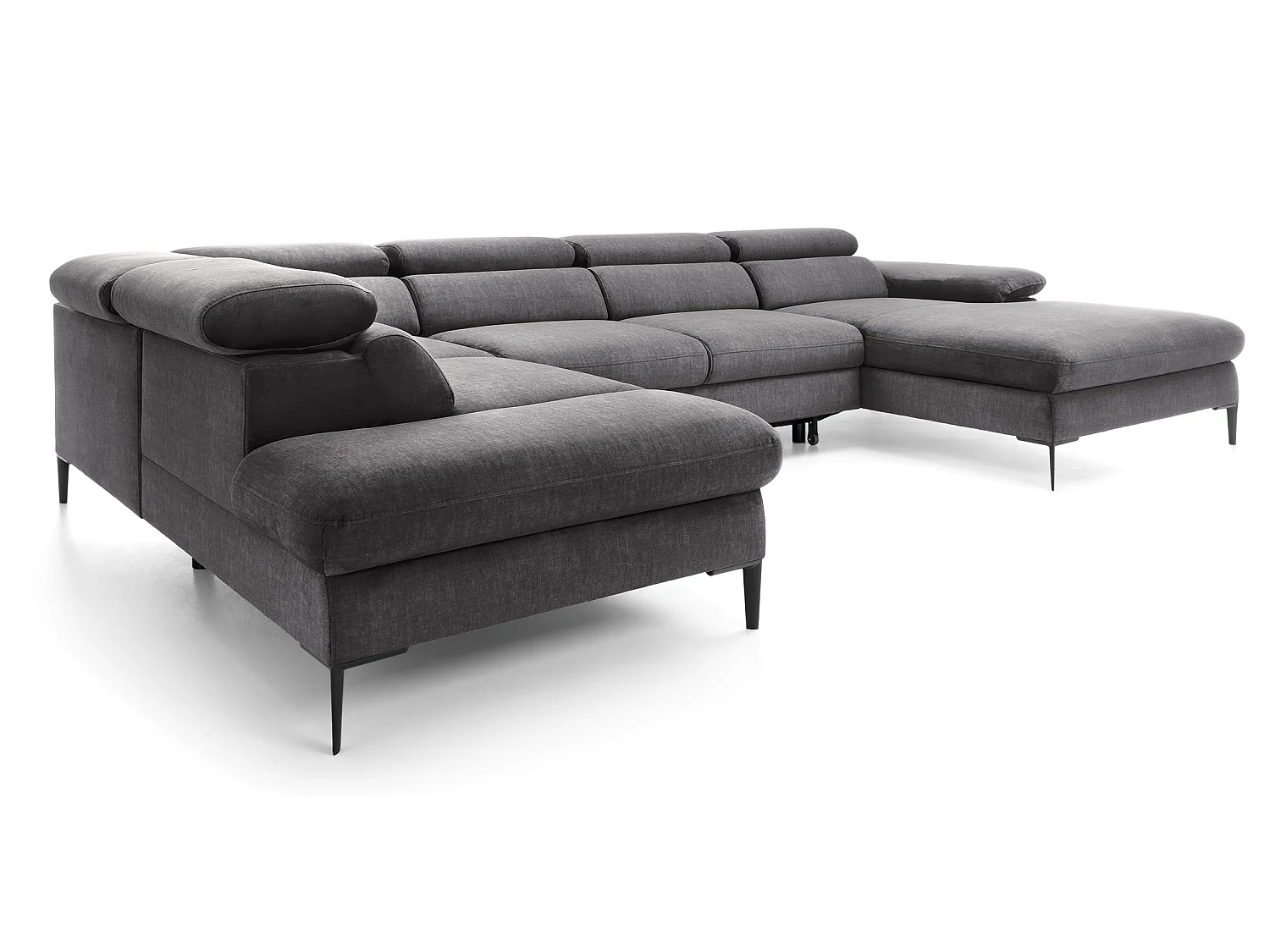 Canapé d'angle en U convertible 350 cm Amaro, tissu velours, têtières réglables - coffre, droite, Gris